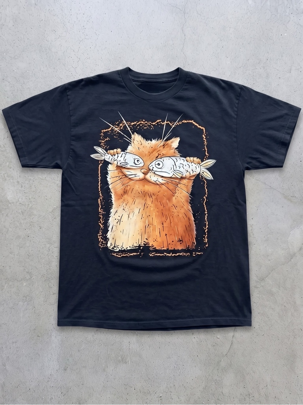 Gildan Navy Tee with Orange Cat & Fish
Graphic